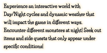 Experience an interactive world with Day/Night cycles and dynamic weather that will impact the game in different ways. Encounter different monsters at night! Seek out items and side quests that only appear under specific conditions!